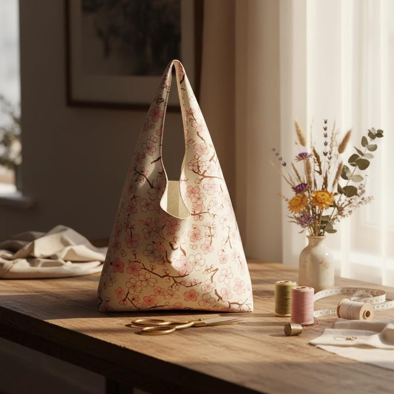 Peut inclure: Un sac fourre-tout cr&egrave;me avec un motif floral rose, pos&eacute; sur une table en bois. Le sac a une forme triangulaire avec une seule poign&eacute;e. Des ciseaux dor&eacute;s, des bobines de fil et un vase de fleurs sont &eacute;galement sur la table.