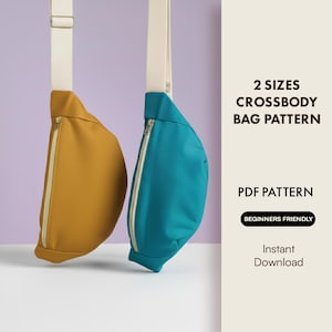 May include: Two crossbody bags, one mustard yellow and one teal, with white straps and zippers. The bags are suspended against a purple background. Text on the right reads "2 Sizes Crossbody Bag Pattern, PDF Pattern, Beginners Friendly, Instant Download."