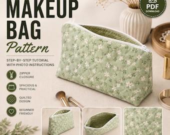 Quilted Makeup Bag Sewing Pattern PDF | Cosmetic Zipper Pouch Tutorial | Easy Lined Bag Pattern | Instant Download