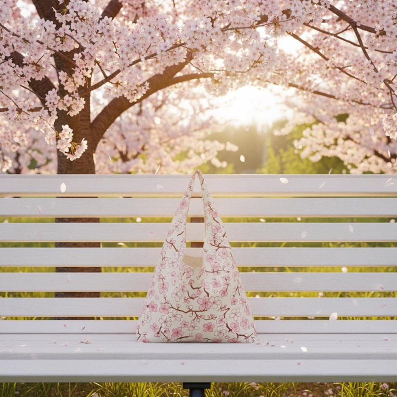 Peut inclure: Un sac fourre-tout &agrave; motifs de fleurs de cerisier roses sur un banc blanc. Le sac pr&eacute;sente des fleurs roses et des branches marron sur un fond cr&egrave;me. En arri&egrave;re-plan, un cerisier en fleurs avec des p&eacute;tales roses.