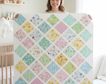 Baby Quilt Pattern PDF - Squares on Point with Sashing - Diamond Layout - Charm Pack - Beginner Nursery Crib Quilt | Instant Download