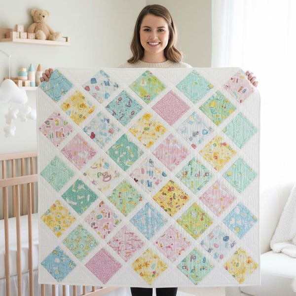 Baby Quilt Pattern PDF - Squares on Point with Sashing - Diamond Layout - Charm Pack - Beginner Nursery Crib Quilt | Instant Download