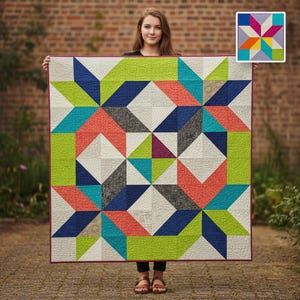 May include: A vibrant geometric quilt with a starburst design. The quilt showcases blocks of teal, coral, lime green, navy blue, grey, and cream. The quilt is displayed against a brick wall background.