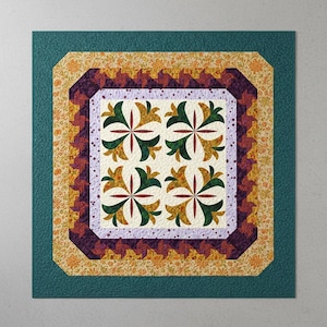 May include: A square quilt with a floral design. The center features four stylized flower patterns in green, yellow, and red on a cream background. The quilt has a purple border, a yellow floral border, and a teal outer border.