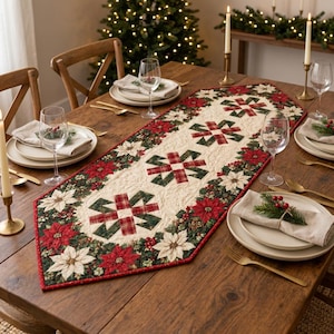 Christmas Table Runner Pattern, Flying Geese Quilted Runner PDF, Poinsettia Border Sewing Pattern, Handmade Holiday Decor