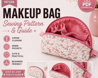 Makeup Bag Sewing Pattern, PDF DIY Cosmetic Pouch Tutorial, Zipper Pouch Sewing Project, Beginner Sewing Craft Pattern, Toiletry Bag