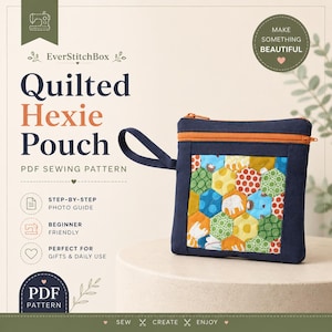 Mönster för quiltad Hexie-väska i PDF-format, handledning för hexagonig dragkedja, mönster för lapptäcksväska med armband, sömnadsinstruktioner, direktnedladdning