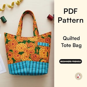 May include: A quilted tote bag with a floral pattern in yellow and orange on a green background. The bag has a blue striped bottom and a small pocket. The text "PDF Pattern Quilted Tote Bag" is displayed.