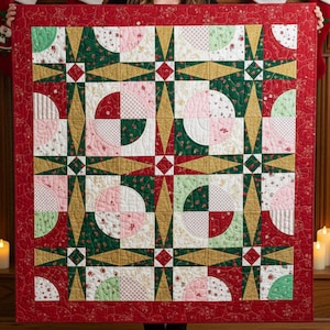 Könnte beinhalten: Eine handgefertigte Steppdecke mit rotem Rand und geometrischem Muster. Die Steppdecke zeigt goldene, grüne, rosa und weiße Stoffe in einem Stern- und Halbkreis-Design. Die Steppdecke wird von einer Person gehalten.