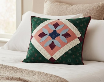 Country Garden Quilted Pillow Pattern, Diamond Patchwork with Floral Applique, Botanical Home Decor Digital PDF Download
