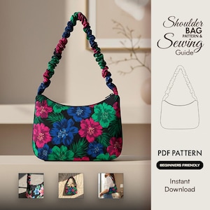 May include: A black shoulder bag with a floral pattern in pink, blue, and green. The bag has a gathered strap in shades of pink, green, and blue. The text on the image reads "Shoulder Bag Pattern & Sewing Guide" and "PDF Pattern".