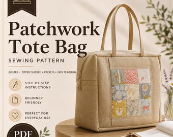 Quilted Tote Bag Sewing Pattern PDF, Patchwork Bag Pattern, Mosaic Tote Tutorial,  Zipper Tote Bag, DIY Fabric Handbag, Instant download