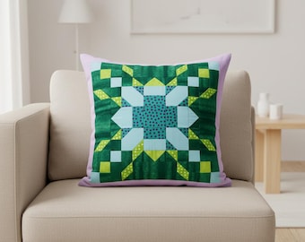 Modern Aqua Geometric Star Pillow Cover PDF | Patchwork Quilt Pattern | Star Block Cushion | Farmhouse Throw Pillow | Digital Download