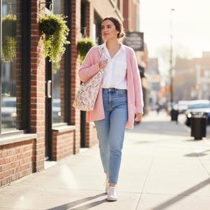 Peut inclure: Une personne v&ecirc;tue d'un cardigan rose clair, d'une chemise blanche et d'un jean bleu marche sur un trottoir. Elle porte un sac fourre-tout floral et des baskets blanches. La sc&egrave;ne se d&eacute;roule par une journ&eacute;e ensoleill&eacute;e.