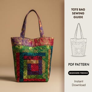 May include: A quilted tote bag with a patchwork design in shades of green, red, purple, and gold. The bag has a rectangular shape with a square base and two handles. The text "Tote Bag Sewing Guide" and "PDF Pattern" are visible.