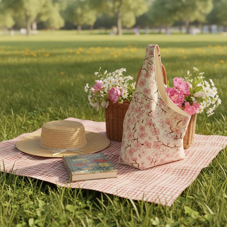 Peut inclure: Sc&egrave;ne de pique-nique sur une couverture &agrave; carreaux rouges et blancs. Un chapeau de paille, un livre et un sac fourre-tout &agrave; motif floral rose sont dispos&eacute;s sur la couverture. Deux paniers en osier contiennent des fleurs roses et blanches.