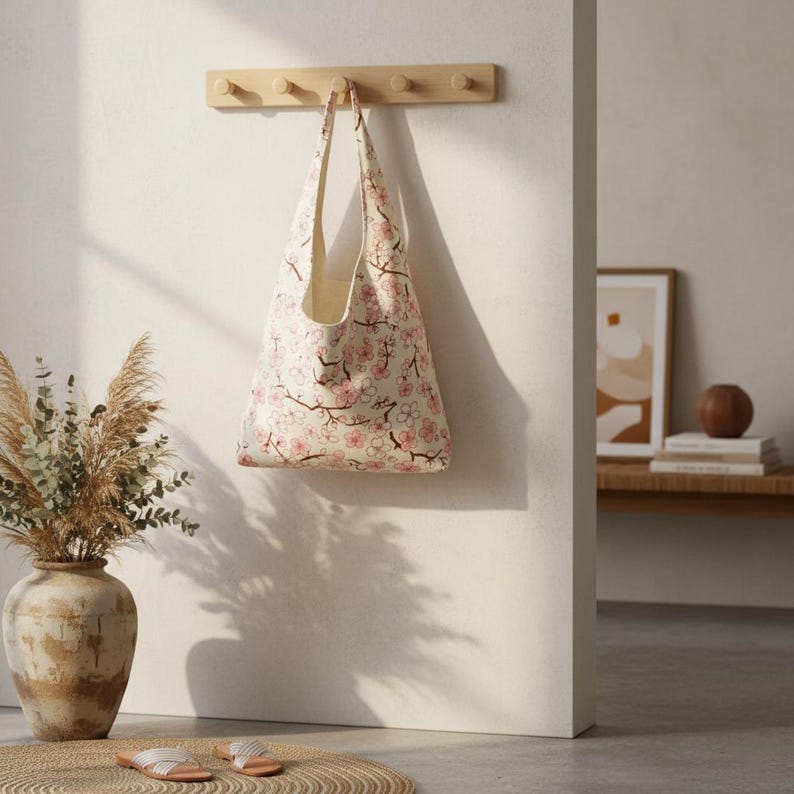Peut inclure: Un sac fourre-tout beige avec un motif floral de fleurs de cerisier est suspendu &agrave; un porte-manteau en bois. Le sac pr&eacute;sente des fleurs roses et des branches marron sur un fond clair. Le sac est accroch&eacute; &agrave; un mur clair.