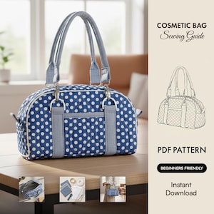 May include: A blue and white polka dot cosmetic bag with gray handles and accents. The bag is on a wooden table. The image also includes the text "Cosmetic Bag Sewing Guide" and "PDF Pattern".