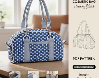 Clamshell Cosmetic Bag Pattern PDF Quilted Pouch with Piping Plain & Fancy Zipper Makeup Box Bag Beginner Sewing Tutorial Instant Download