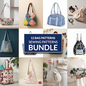 Puede incluir: Una colección de doce patrones de bolsos diferentes. Los bolsos varían en estilo, incluyendo un bolso de hombro floral, un tote patchwork, un bolso de mano azul con lunares y una mochila con cordón. La imagen incluye el texto "12 BAG PATTERNS SEWING PATTERNS BUNDLE."