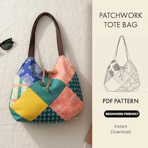 May include: A patchwork tote bag with brown leather handles. The bag features a variety of colorful fabric squares in shades of blue, pink, yellow, and green. The bag has a drawstring closure and a matching pattern illustration.