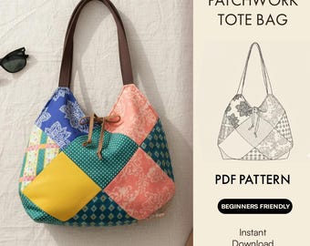 Bohemian Patchwork Tote Bag Pattern Tutorial | Quilted Handmade Shoulder Bag | Vintage Style Quilted Tote for Women | digital Download PDF