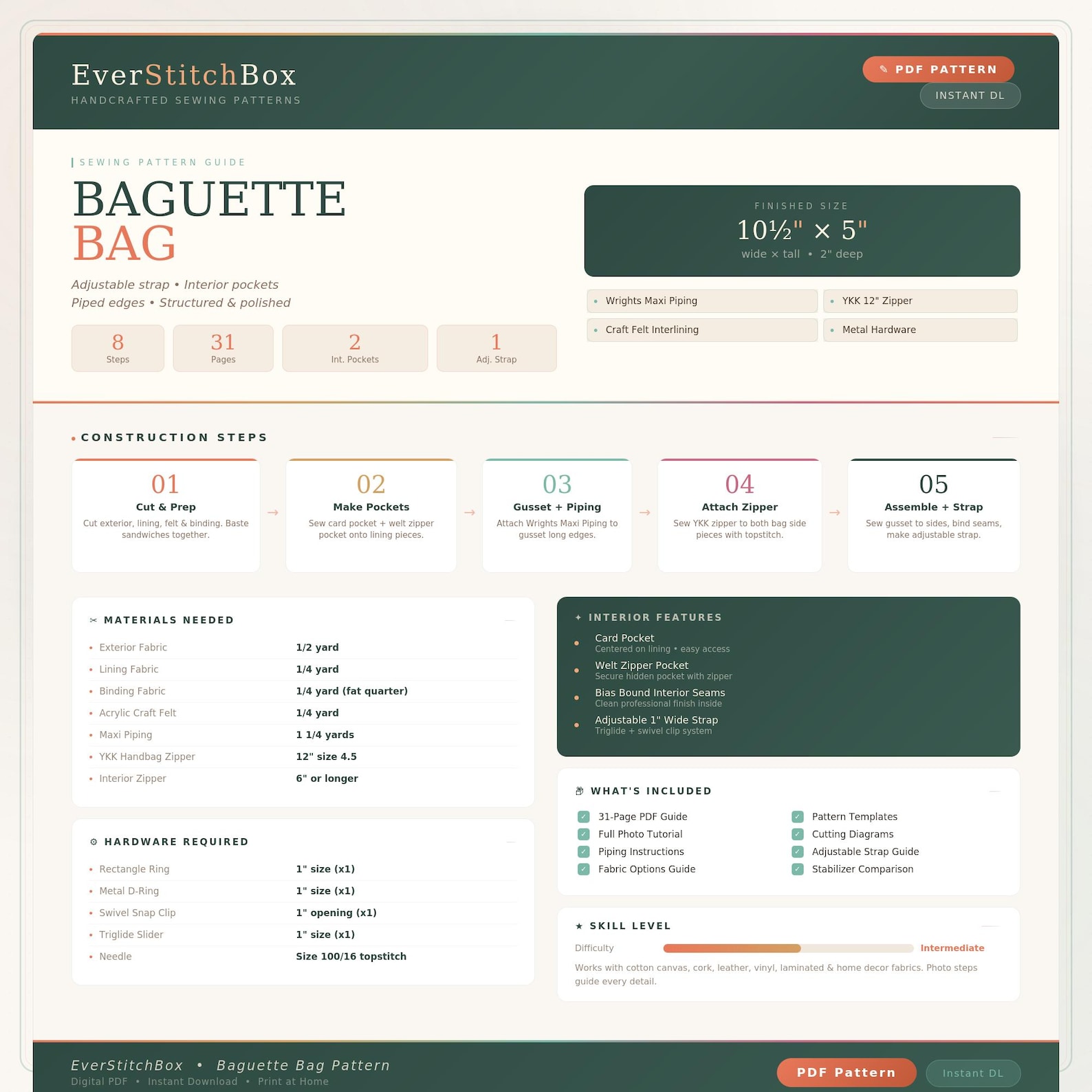 Baguette Bag PDF Sewing Pattern Beginner Friendly Crossbody Shoulder ...