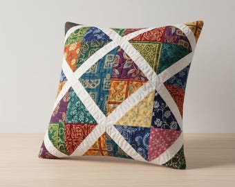 Boho Quilted Pillow Pattern | Handmade Scrappy Quilt Throw Pillow, 18x18 Home Decor |  Patchwork Lattice Cushion | Instant Digital Download