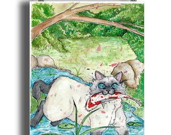 Retrato em impressão artística fosca de um gato comendo carpa koi