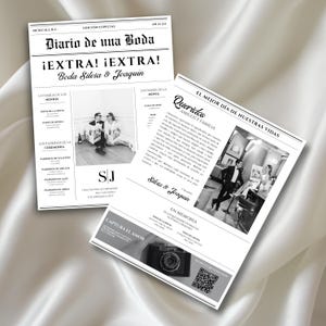 Op de afbeelding: Twee zwart-wit huwelijksaankondigingen in krantenstijl. De kop luidt "Diario de una Boda" met "&iexcl;EXTRA! &iexcl;EXTRA! Boda Silvia & Joaquin". E&eacute;n bevat foto's van het paar, de andere een bericht. Onderaan staat een vintage camera-afbeelding.