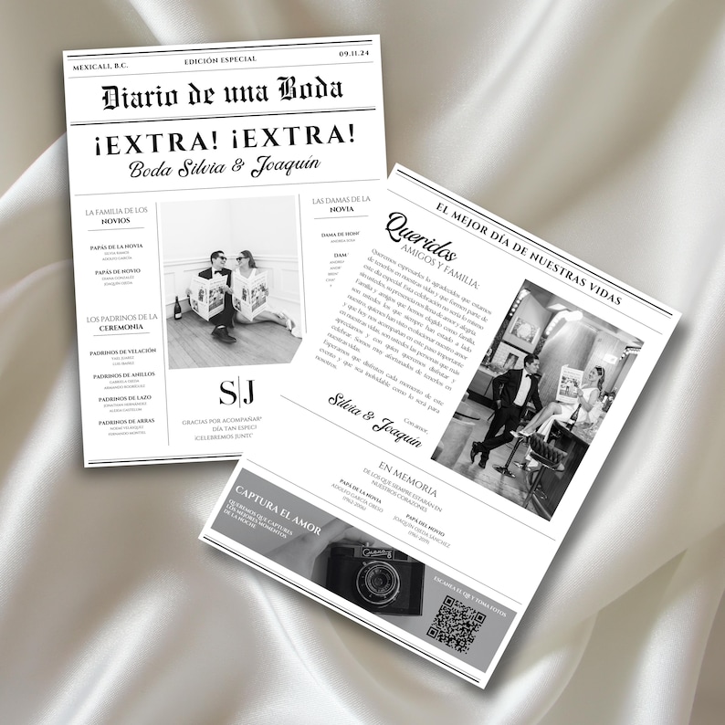 Op de afbeelding: Twee zwart-wit huwelijksaankondigingen in krantenstijl. De kop luidt "Diario de una Boda" met "&iexcl;EXTRA! &iexcl;EXTRA! Boda Silvia & Joaquin". E&eacute;n bevat foto's van het paar, de andere een bericht. Onderaan staat een vintage camera-afbeelding.