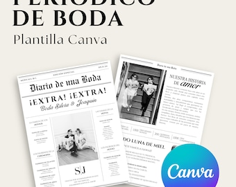 Plantilla periódico de boda en español, programa de boda en formato editable e imprimible, edición en Canva