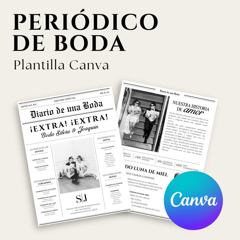 Op de afbeelding: Een sjabloon voor een trouw-krant met de kop "PERI&Oacute;DICO DE BODA" en de tekst "Plantilla Canva". De krant bevat zwart-wit foto's, koppen en de tekst "Diario de una Boda". Een Canva-logo staat in de rechter benedenhoek.