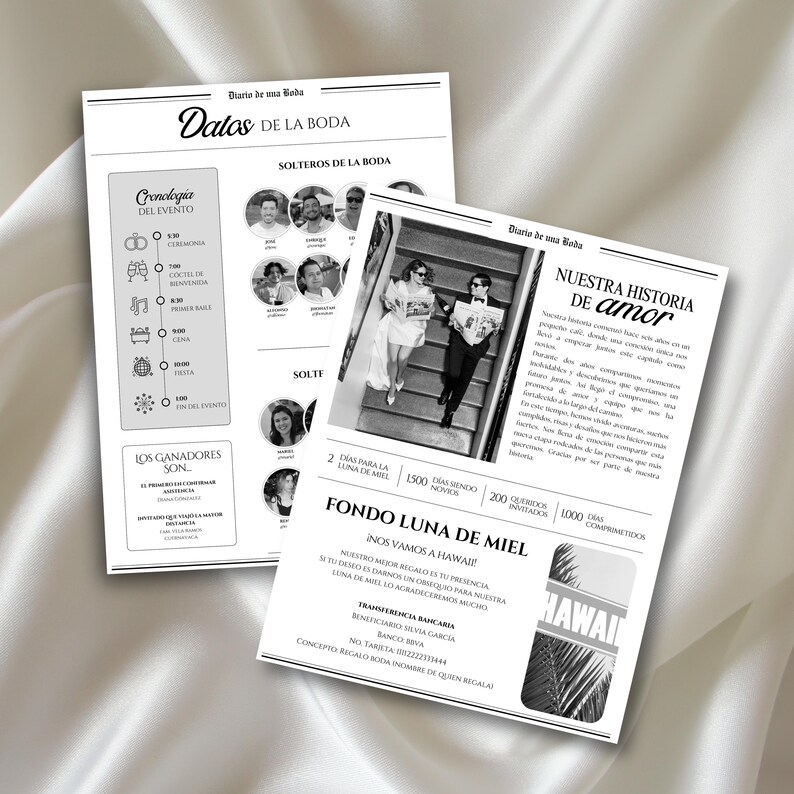 Op de afbeelding: Twee zwart-wit huwelijksprogramma's met tekst en foto's. E&eacute;n programma geeft de tijdlijn van de bruiloft weer en de andere bevat een foto van een stel en tekst over hun liefdesverhaal. De programma's hebben een vintage krantenontwerp.