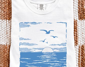 Comfort Colors Blue Ocean Shirt Summer Boho Graphic T Shirt Beach Coastal Minimalist Tee Vacation Preppy Beach Shirt
