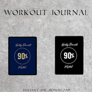 May include: Two digital planner covers with a blue and black background. The covers feature the text "Ninety-Percent" and "90%" in gold lettering. The text "Mental" is also included in gold lettering.  INSTANT PDF DOWNLOAD GOODNOTES OPTIMIZED 164 PAGES! INCLUDES MACRO CALCULATIONS AND 1 REP MAX CHART AND CALCULATOR!