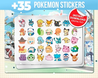 35 Mini Poke Stickers Mon; PNG & SVG files for cricut; Instant Digital Download; Chibi Pika, Charman, and Bulba Stickers