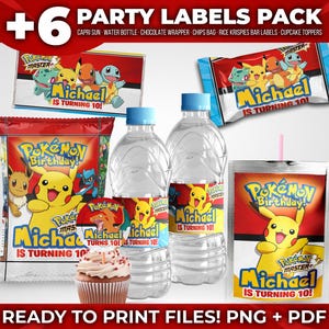 Puede incluir: Un paquete de etiquetas para fiestas con diseños de Pokémon. Incluye etiquetas para botellas de agua, Capri Sun, envoltorios de chocolate, bolsas de patatas fritas, barritas de arroz inflado y adornos para cupcakes. Las etiquetas dicen "¡Michael cumple 10 años!"