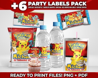 Personalized Poke Cupcake Toppers & Party Labels Bundle, Bottle Labels, Chip Bags, Capri Sun, Candy Wrappers, Digital Download