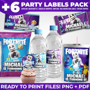Könnte beinhalten: Ein Party-Etiketten-Paket mit Fortnite-Designs. Enthält Etiketten für Capri Sun, Wasserflaschen, Schokoladenverpackungen, Chipstüten, Rice Krispies Riegel und Cupcake-Topper. Die Etiketten zeigen den Text "Michael wird 9!" und "Victory Royale".