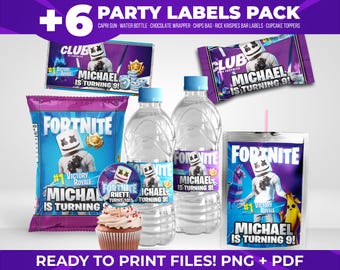 Fort Game Night Birthday Party Bundle Labels | Party Favor Labels Pack 6 in 1 | Printable and customizable party labels Fort video game Nite