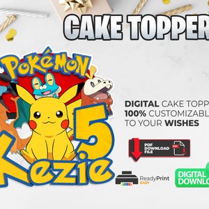 May include: A yellow and blue Pokemon cake topper with the number 5 and the name "Kezie". The design features Pikachu and other Pokemon characters. The text reads "Cake Topper" and "Digital Cake Topper".