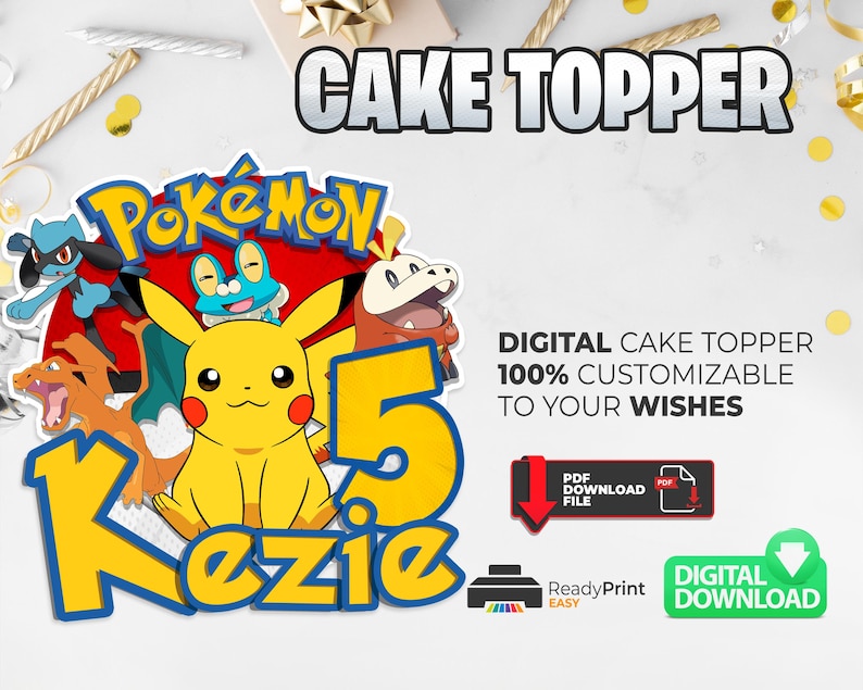 May include: A yellow and blue Pokemon cake topper with the number 5 and the name "Kezie". The design features Pikachu and other Pokemon characters. The text reads "Cake Topper" and "Digital Cake Topper".
