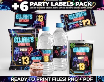 Editable Gaming Party Labels Bundle, Water Bottle, Capri Sun, Chip Bag, Chocolate Wrapper, Birthday Party Decor, Digital Download