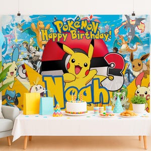 May include: A birthday party scene featuring a large backdrop with "Pok&eacute;mon Happy Birthday!" text and Pikachu. A table is set with a cake, party hats, and snacks. Blue balloons and gift bags add to the festive atmosphere.