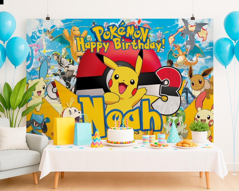 May include: A birthday party scene featuring a large backdrop with "Pok&eacute;mon Happy Birthday!" text and Pikachu. A table is set with a cake, party hats, and snacks. Blue balloons and gift bags add to the festive atmosphere.