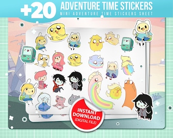20 Mini Adventure Time Stickers; PNG & SVG files for cricut; Instant Digital Download; Chibi Jake, Finn, fionna and cake cute Stickers