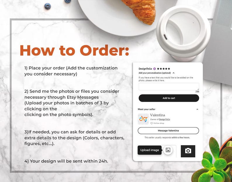 May include: Image showing instructions on how to order a custom design. The text includes steps for placing an order, sending photos, adding details, and the design delivery time. A white coffee cup, croissant, and Etsy shop interface are also visible.