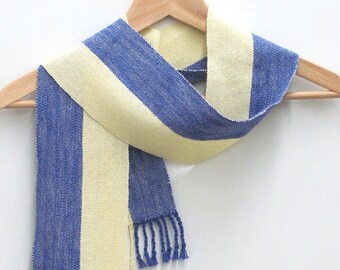 Yellow and Blue Stripe Scarf, Handmade Artisan Hand Loom Woven Unisex Slow Fashion Clothing Accessory, Statement Style by Amy C Lund