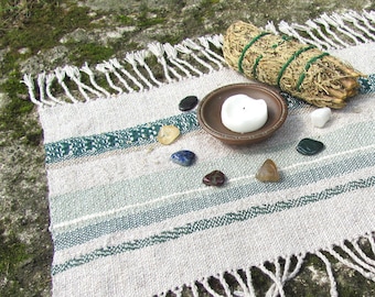 Natural Serenity Altar Cloth Table Mat, Handmade Artisan Woven in Green for Pagan Druid, Zen Meditation, Growth Renewal & Harmony Feng Shui